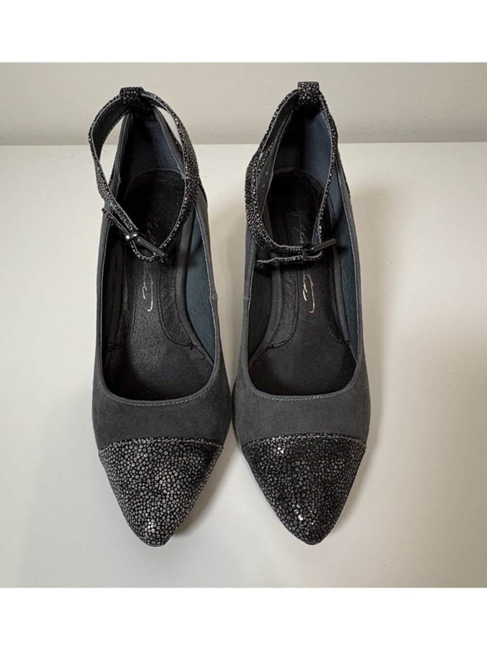Hal Rubenstein Gray Suede Embossed Ankle Strap Heels